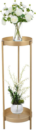 Folding Metal 2 Tier Plant Stand Potted Plant Holder Shelf with 2 Round Trays Indoor Outdoor Versatile Golden