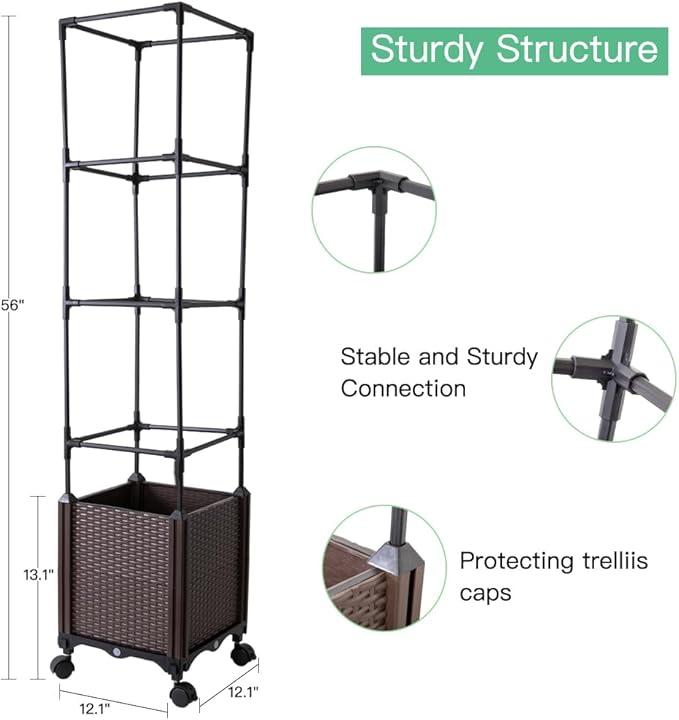 Raised Garden Bed with Tomato Cage &amp Trellis 56 Self-Watering Tomato Planter Box for Vegetables Flowers | Lockable Wheels Vertical Gardening | Indoor Outdoor Patio Use Easy Assembly