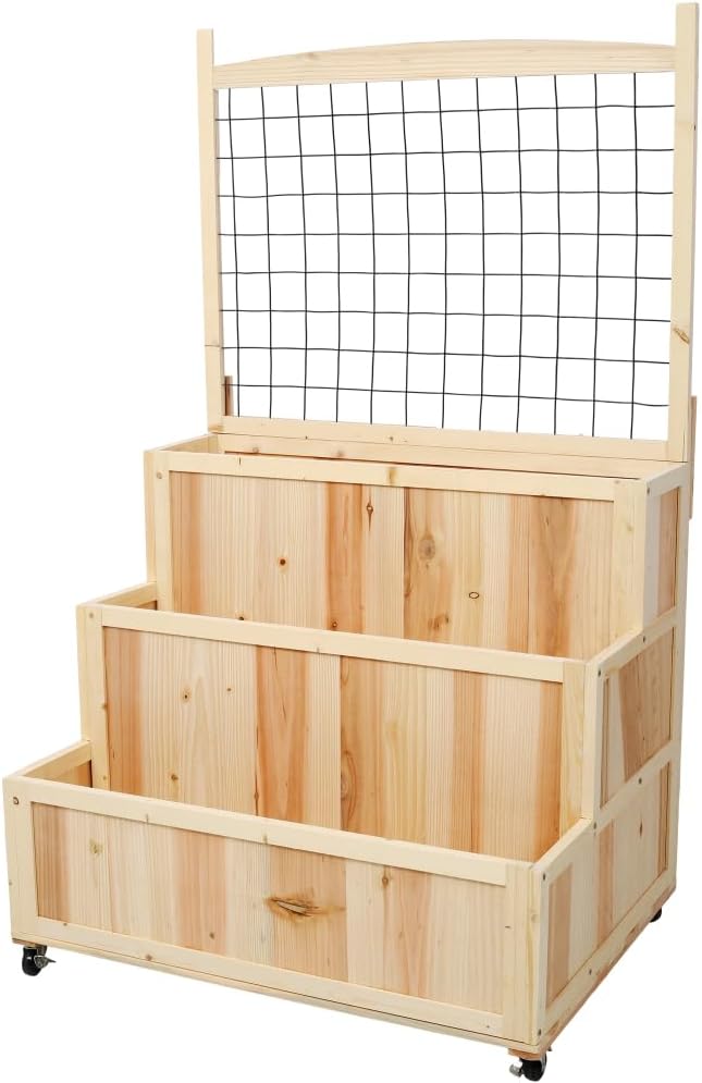 Sturdy Galvanized Steel Raised Garden Bed with Built-in Trellis Mobile Vertical Planter for Vegetables Herbs and Flowers (Natural Wood + Wood)