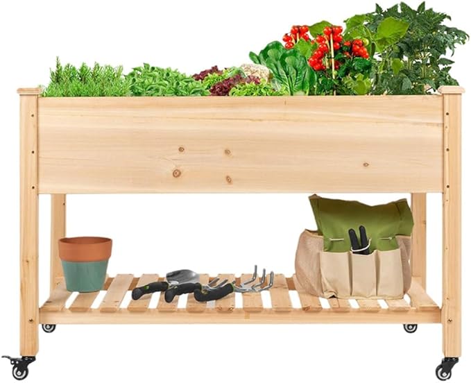 Raised Garden Bed with Legs and Wheels Wooden Planter Boxes Outdoor Mobile Elevated Planter Box Standing Garden Box for Backyard Patio Balcony