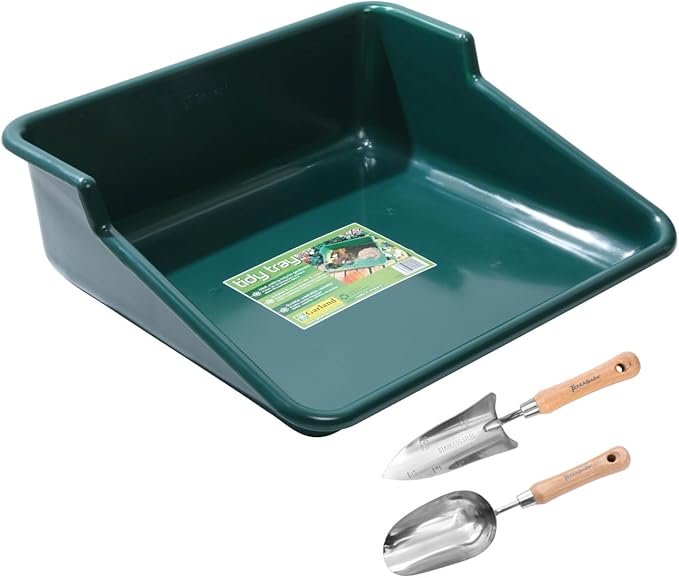 Green Tidy Tray with Stainless Steel Transplanter and Scoop – Durable Bamboo Handle Garden Tool Set