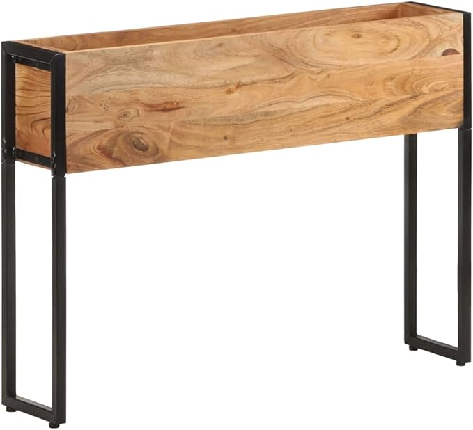 Rectangular Acacia Wood Planter 35.4 x 7.9 x 26.8 Natural Finish Black Metal Frame Durable Raised Garden Bed for Outdoor Plants Patio Deck