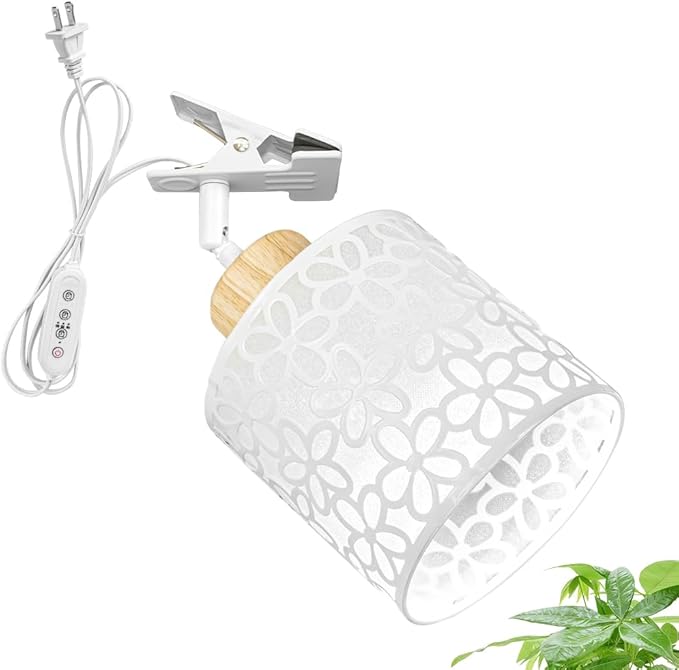 Clip Mount 5.9Ft Plug in Timing Cord Plant Light Full Spectrum White Light Wood Base White Metal Flower Pattern Shade Adjusted Angle Modern Clamp Light for Indoor Plants