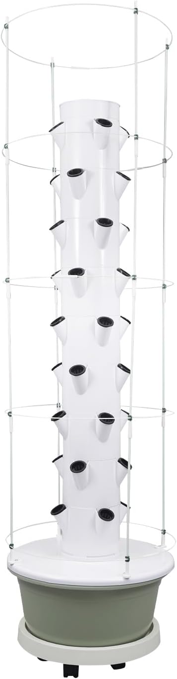 36-Plant Hydroponic Growing Tower with Climbing Trellis – 9-Tier Indoor Vertical Garden Kit 7.92Gal Water Tank Auto Timed Irrigation ABS Build with Wheels (20.86x67.71in)-Light Green Tank