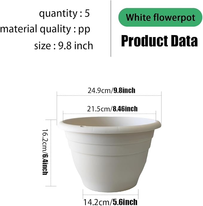 5 Pack 10 Inch Plant Pots for Indoor OutdoorPlastic Floor Planters with Drainage HolesLightweight Flower Pots for HomePatio &amp Garden(White)