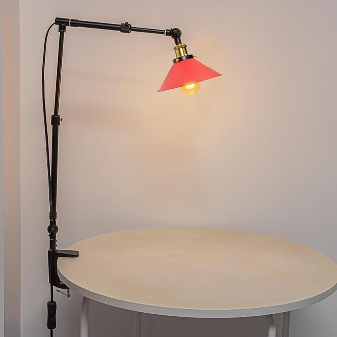 Clip Mount Plant Growing Stand Socket Light E26 Base 15Ft Timer Switch Cord Adjustable Length Red Shade for Indoor Desk Or Shelf Plants(No Bulb)