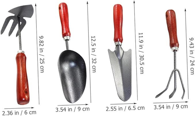 TIDTALEO 4pcs Garden Tool Set Small Spade Shovel with Extended Narrow Blade 3-Claw Rake Dual-use Pointed Hoe and Soil Scoop for Gardening and Planting