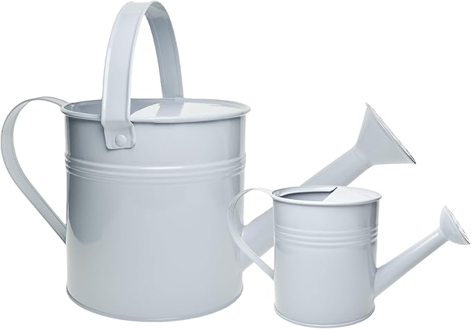 Small Metal Watering Can Set Pink 1.2L and 0.23L Garden Cans with Long Spout Indoor Outdoor Plant Care (White)
