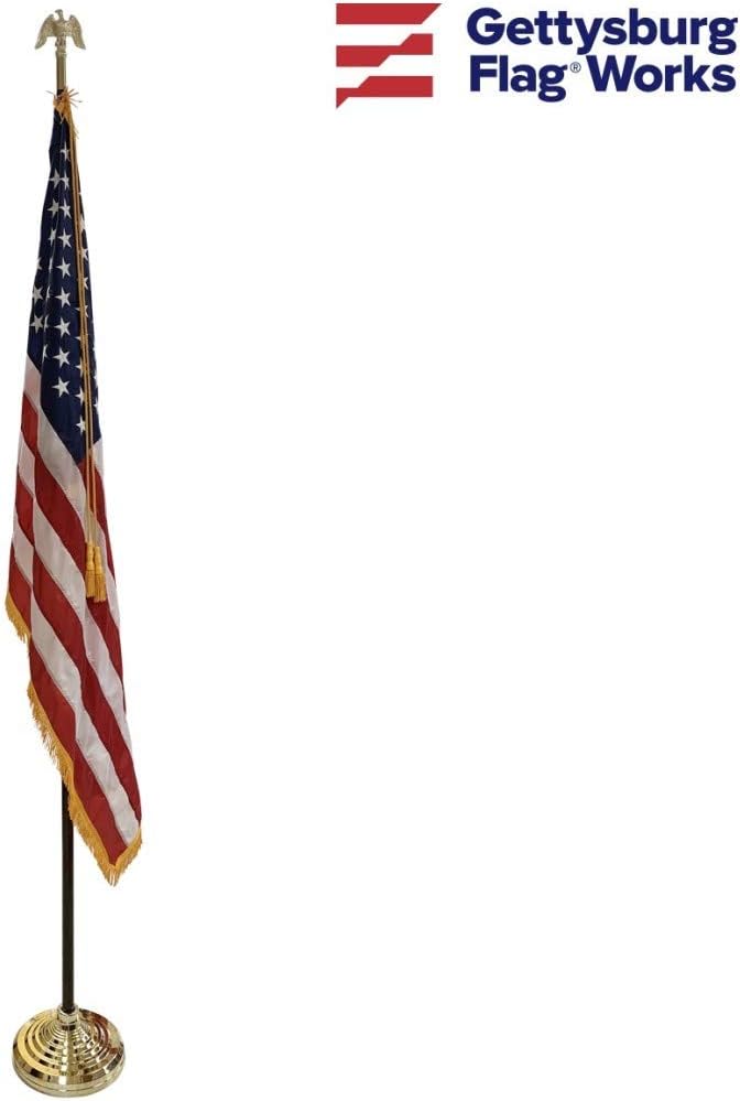 3x5' US Indoor Flag Set on 7' Pole - Complete Indoor Presentation Mounting Flag Set (Stand Pole Eagle and US Flag) for business government school office or other formal flag display.