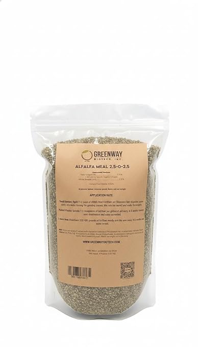 Greenway Biotech Organic Alfalfa Meal Fertilizer 2.5-0-2.5 | Rose &amp Vegetable Plant Food with Triacontanol Growth Stimulant | Non-GMO Phosphorus-Free | 4 Pounds