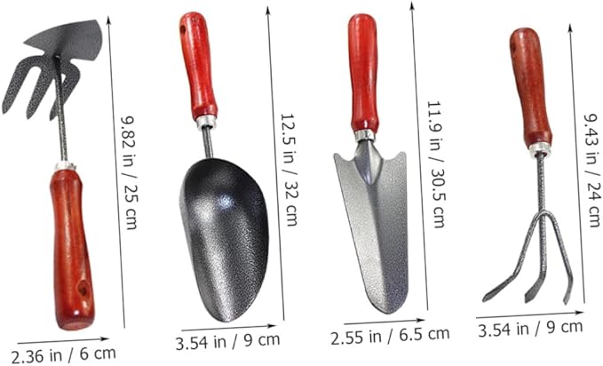 4pcs Mini Garden Tool Set with Small Shovel Narrow Trowel Three-Prong Rake and Dual-use Hoe for Planting and Digging in Pots and Garden Beds