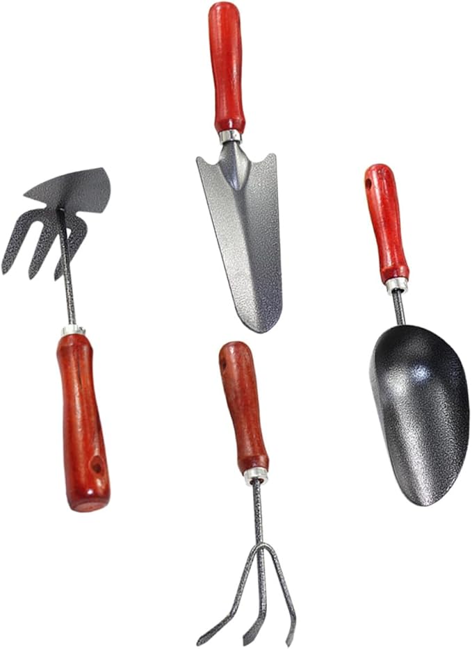 4pcs Mini Garden Tool Set with Hand Trowel Narrow Spade Hand Rake and Dual-use Hoe for Planting and Digging in Planters and Small Gardens