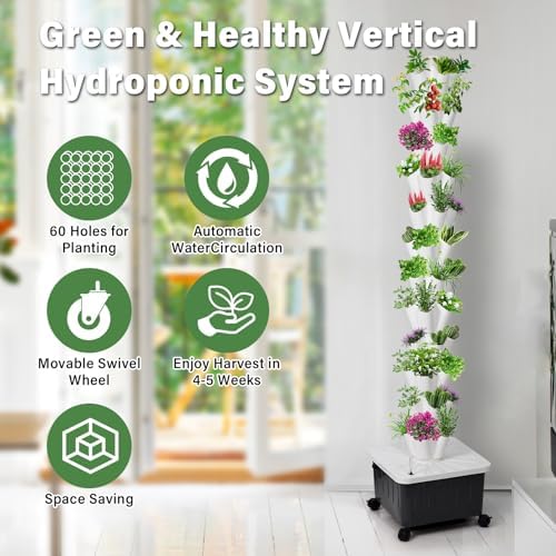 Hydroponics Growing Tower - Vertical Hydroponic System for Indoor and Outdoor Gardens 10-Layer Design with 50 Slots for Vegetables and Fruits Includes Silent Pump
