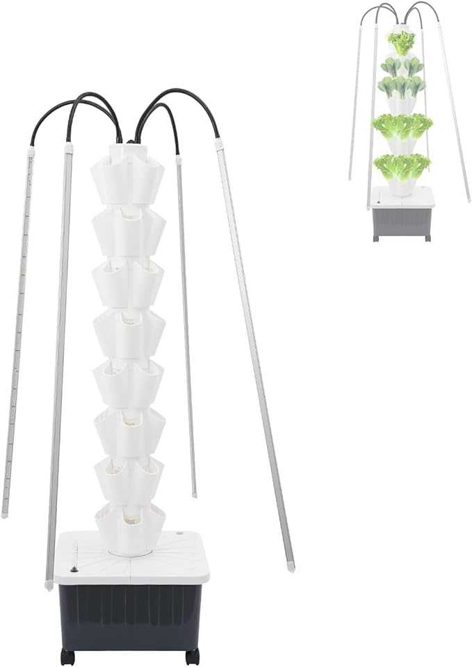 Vertical Hydroponic Tower Garden Kit - 40 Plant Indoor Growing System with LED Grow Lights 8-Tier Planter on Wheels Smart Timer for Herbs Fruits and Vegetables