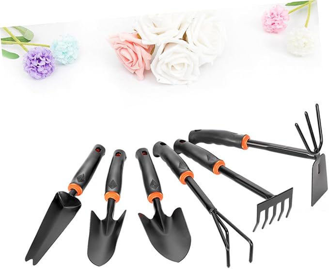 Sosoport 6pcs Iron Garden Tool Set with Ergonomic Anti-Skid Handle Versatile Hoeing Rake Shovel and Rake Accessories for Home Balcony and Potted Gardening Black Orange