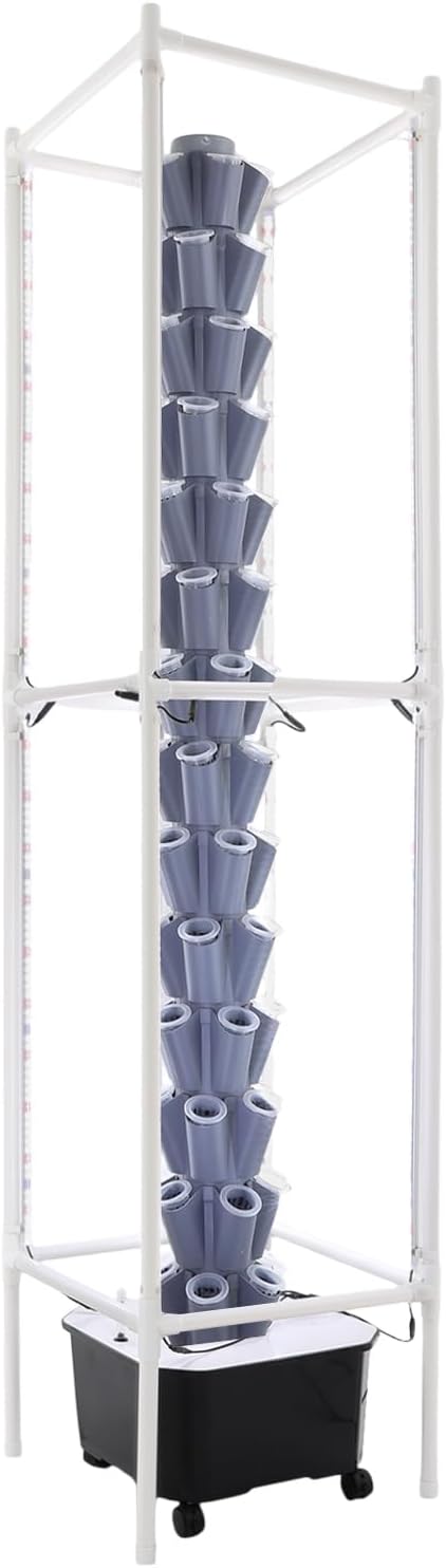 Hydroponic Grow Tower Vertical Hydroponic Kit 14-Tier 70 Holes Gardening System with Wheels/LED Grow Lights/Water Pump/Timer for Strawberries Vegetables Flowers