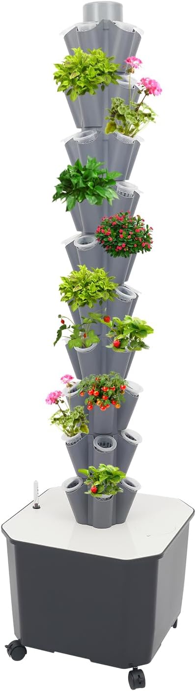 Hydroponic Growing System Kit50-Hole 10-Tier Hydroponics Tower with Automatic Timer WateringAeroponic Tower with Wheelsfor Balcony Home
