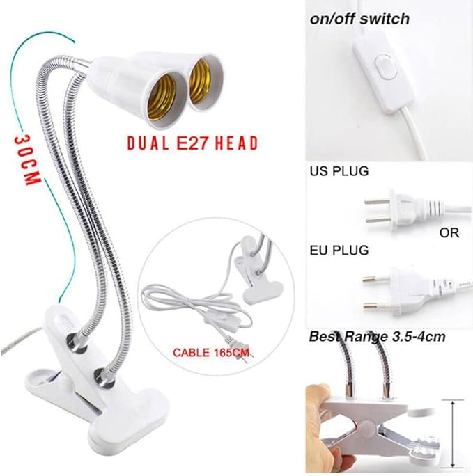 Double E27 Screw Lamp Base Bracket EU US Plug Hose Switch Lamp Holder With Clip For Plant Grow Lighting 20pcs - (Color: EU Plug)