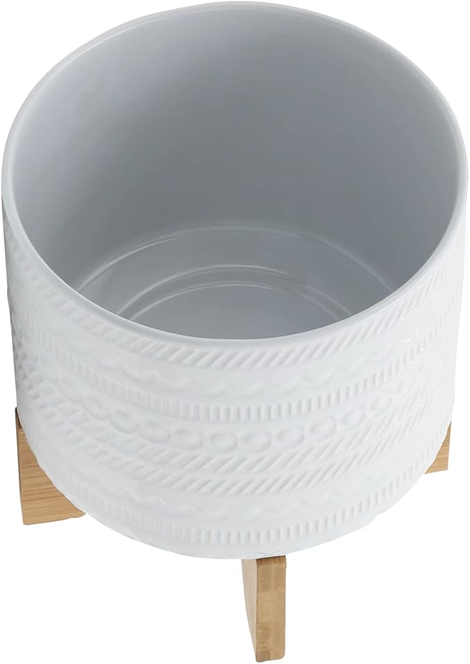 8 Tribal Planter W Wood Stand White
