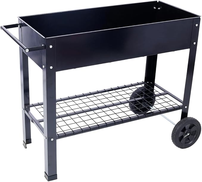 Raised Garden Beds Outdoor Elevated Metal Planter Box with Wheels and Lower Shelf Ergonomic Design for Patio Backyard Balcony Powder-Coated Finish Premium Gardening Bed Black