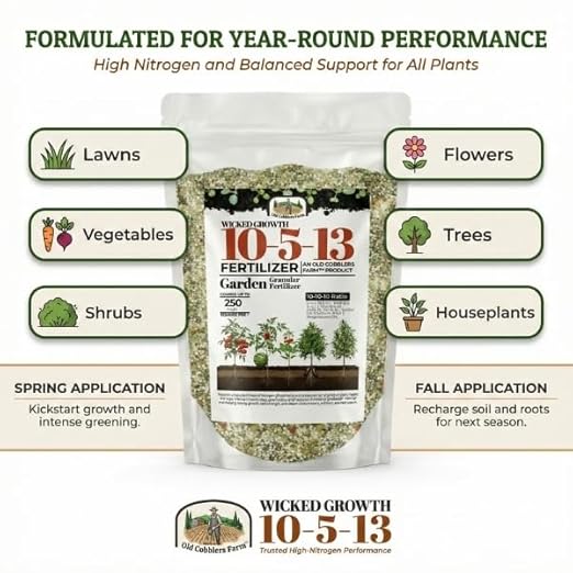 Old Cobblers Farm™ Wicked Growth 10-5-13 Fertilizer with Micronutrients - High Nitrogen-Phosphate - Strong Roots Healthy Growth and Lasting Blooms (5 lbs | 10 lbs | 15 lbs | 20 lbs) (15 lbs)