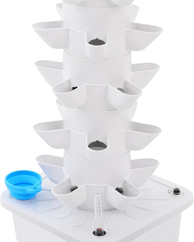 LYNICESHOP 7-Tier Vertical Hydroponic Growing Tower 35 Holes Indoor Gardening System w/Brushless Pump &amp Automatic Water Circulation for Vegetables Herbs Fruits in Home Kitchen Balcony (White)