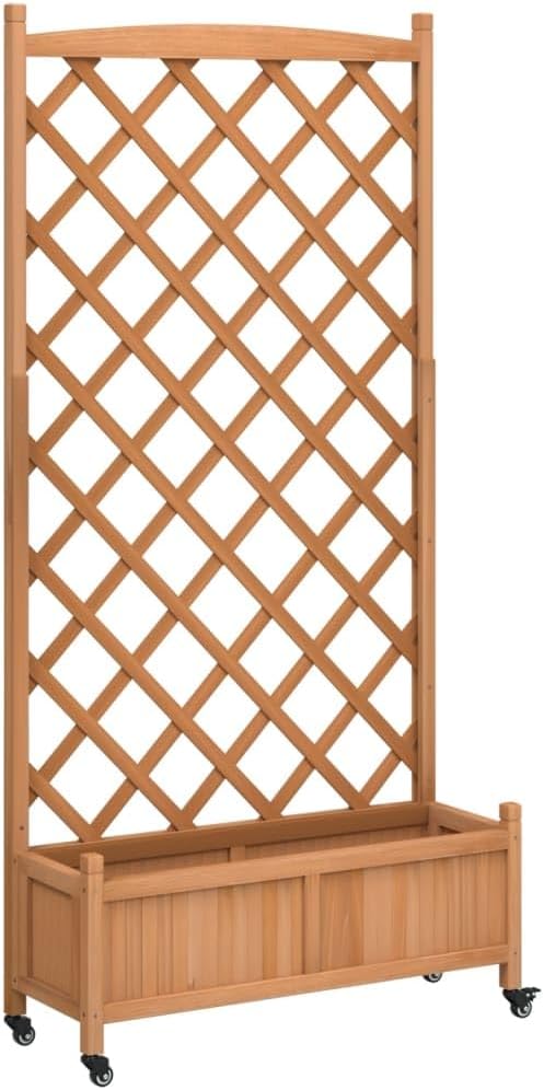 Fir Wood Raised Garden Bed with Trellis and Wheels 35.4 inch Planter Brown Rectangular Outdoor Elevated Garden Box for Patio Balcony Terrace