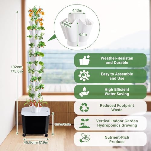 Hydroponic Grow Tower Aeroponic System for Fruits and Vegetables 10 Layers 50 Plant Sites Includes 50L Water Tank Water Pump &amp Timer Indoor/Outdoor Use