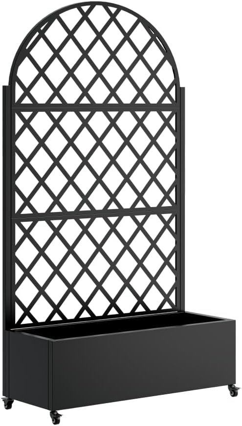 Heavy-Duty Metal Planter Box with Built-in Trellis for Climbing Plants Vegetables and Vines – Rust-Resistant Raised Garden Bed with Drainage and Mobility Features (Round)