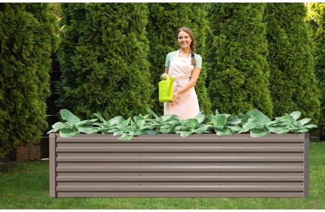 8x4x2ft Outdoor Metal Raised Garden Bed Planter Box for Vegetables Flowers Herbs w/ 3 Tomato Cages Brown