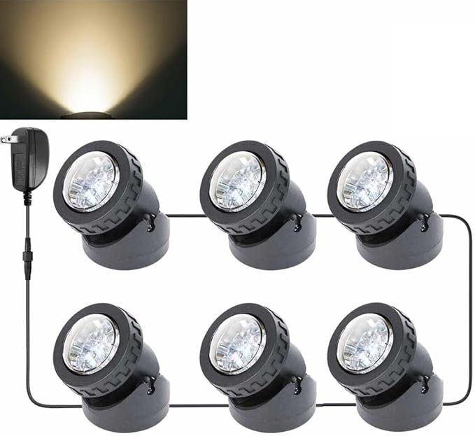 Pond Lights Submersible LED Fountain Light Warm White Yard Spot Lights Waterproof Outdoor Spotlights for Yard Landscape Water Pond Fountain Waterfall 6 Lights