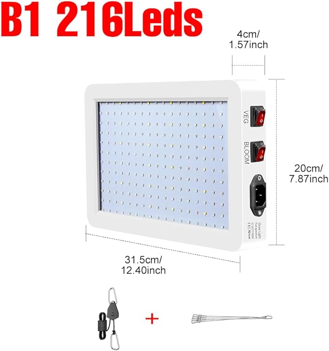 2PCS 300W LED Plant Lamp Sunlight Full Spectrum Fill Lamps 216Leds Grow Lights Veg/Bloom Modes Dimmable Red Bule Greenhouse Hydroponics 100-277V Indoor UV IR Seed Cultivation Light with Hook US Plug