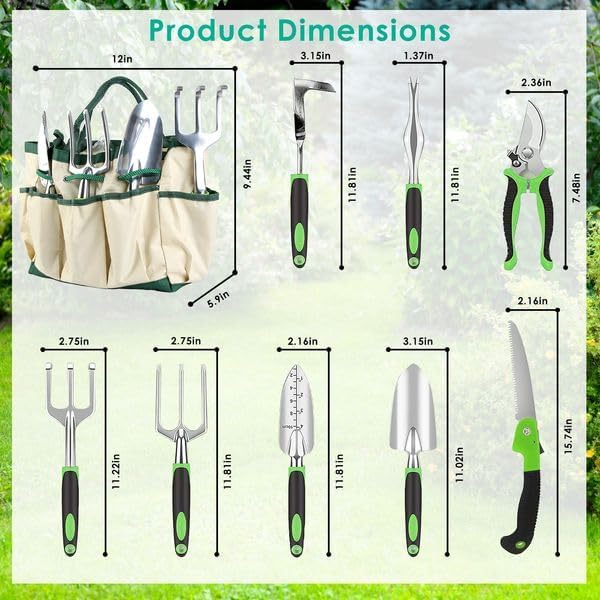 13Pcs Garden Tool Set Aluminum Alloy Gardening Hand Tools Starter Kit with Garden Bag Heavy Duty Outdoor Hand Tools with Non-Slip Ergonomic Handle for Plant Gardening