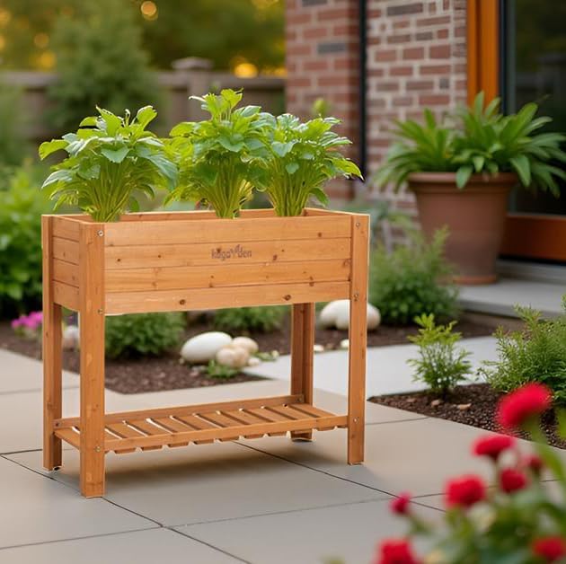 Raised Garden Bed Wood Planter Box Outdoor Wooden Elevated Planters Raised Beds with Legs for Vegetable Flower Herb 39.37x15.75x33H Standing Gardening Box with Liner for Backyard Patio Deck