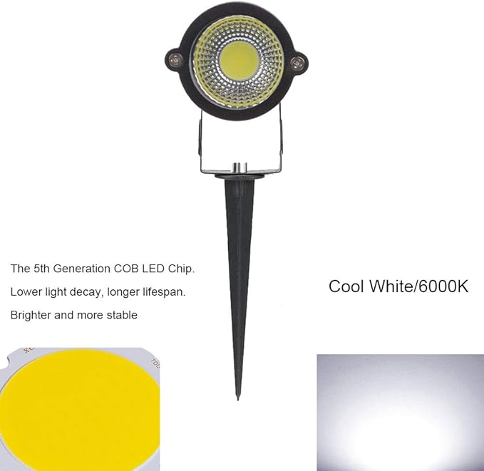 Pack of 2 Youngine Outdoor COB 5W LED Landscape Lights IP65 Waterproof COB Spotlights with Spiked Stand and US Plug for Outdoor Flag Yard Lawn Tree(Cool White)