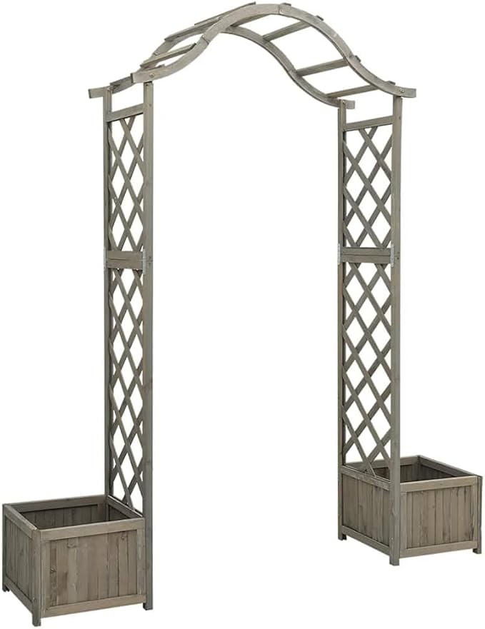 Wooden Garden Pergola with Planter Solid Firwood Planter with Trellis Outdoor Raised Garden Bed for Plants Hanging Flower Baskets Gray-251