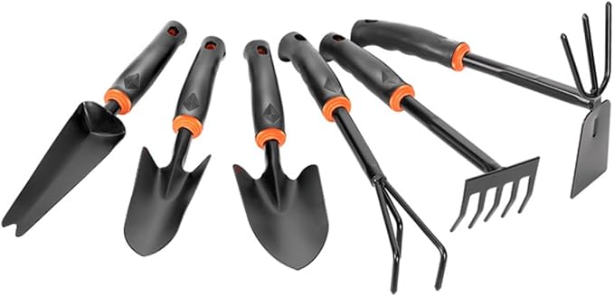 Sosoport 6pcs Iron Garden Tool Set with Ergonomic Anti-Skid Handle Versatile Hoeing Rake Shovel and Rake Accessories for Home Balcony and Potted Gardening Black Orange