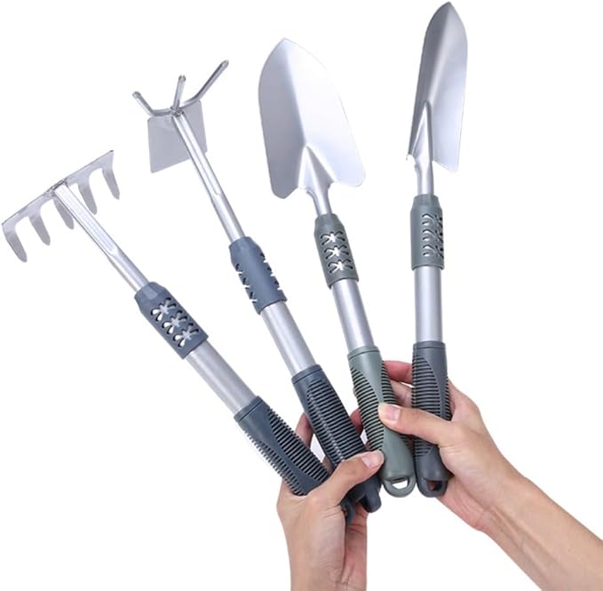 Garden Tool Set 4 PCS Heavy Duty Carbon Steel Gardening Tool Set with Non-Slip Rubber Grip Silver Rake Outdoor Hand Tools Set Beach Comb Tool Kit Gifts for Women and Men (Dual-Purpose Hoe)