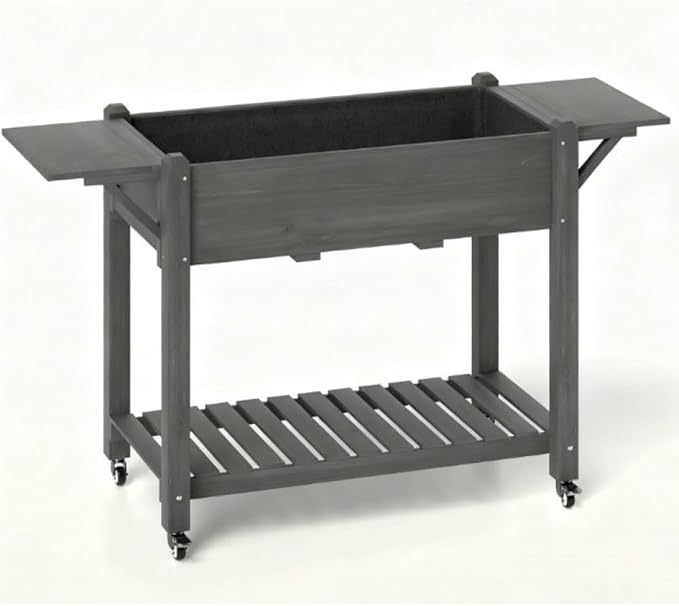 Sturdy Wooden Raised Garden Bed with Lockable Casters Built-in Side Shelves and Drainage System for Easy Urban Gardening (Grey + Wood)