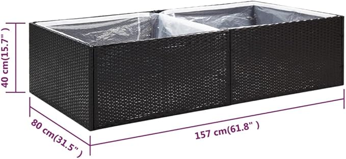 Large Rectangular Outdoor Garden Planter Raised Bed Black 61.8x61.8x15.7in with Steel Frame Synthetic Rattan for Flowers Plants on Patio Terrace Balcony
