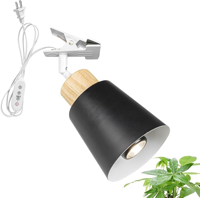 Clip Mount Adjusted Angle 5.9Ft Plug in Timing Cord Plant Light Full Spectrum 4500K 10W Modern Wood Base Black Metal Clamp Light for Indoor Plants Flowers