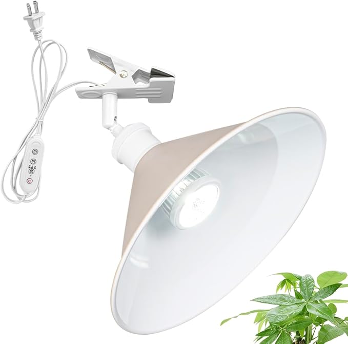Clip Mount 5.9Ft Plug in Timing Cord Plant Light Full Spectrum White Light White Base Khaki Metal Shade Adjusted Angle Modern Clamp Light for Indoor Plants