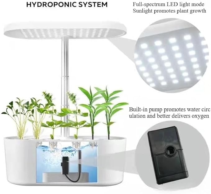 Hydroponics Kit: Full Spectrum LED Smart Timer 3.6L Tank for Indoor Herbs Veggies Gardening Gifts for Women (White)