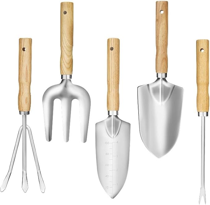 Home Garden Tool Set 5 Piece Gardening Tools Stainless Steel Gardening Kit with Wooden Handle Garden Shovel Cultivate Garden Rakes Garden Shovel For Excavation Growing Measurement Transplanting