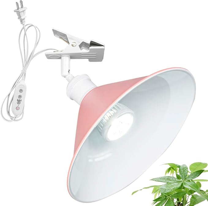 Clip Mount 5.9Ft Plug in Timing Cord Plant Light Full Spectrum White Light White Base Pink Metal Shade Adjusted Angle Modern Clamp Light for Indoor Plants