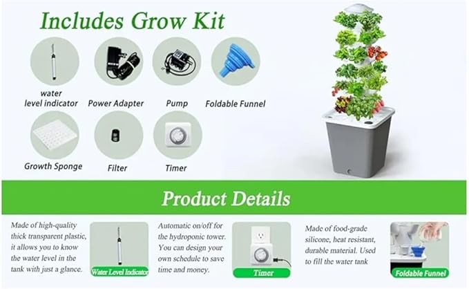 Hydroponics Tower Indoor Growing System PP Balcony Dimensional Planting Column 6-Layers 30-Plants and Plants Germination Kit for Gardening Lover