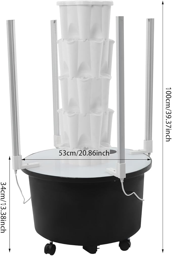 4 Tier 24 Hole Hydroponic Growing Tower with LED Grow Lights and Water Pump Indoor Vertical Garden Planter for Vegetables Herbs Strawberries White Black