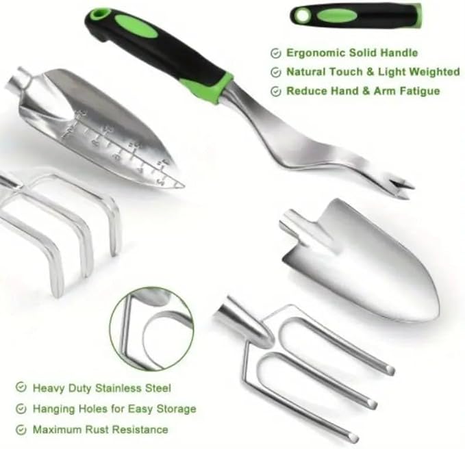 Garden Tool Set with Storage Tote 3 Piece Gardening Tools with Ergonomic Handles Garden Gloves Black and Green