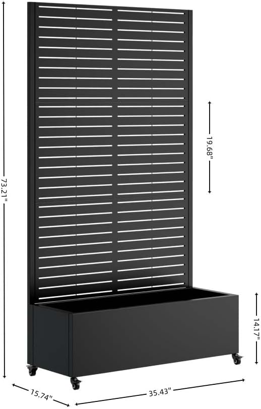 Metal Planter Box with Trellis Privacy Fence with Planter Box Privacy Planters for Patio with Drainage Holes Round Raised Garden Bed with Wheels for Climbing Plants Vegetables (Black+Square+Metal)