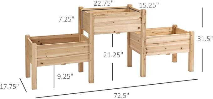 Raised Garden Bed with 3 Planter Box Elevated Wooden Plant Stand with Drainage Holes for Vegetables Herb and Flowers Natural
